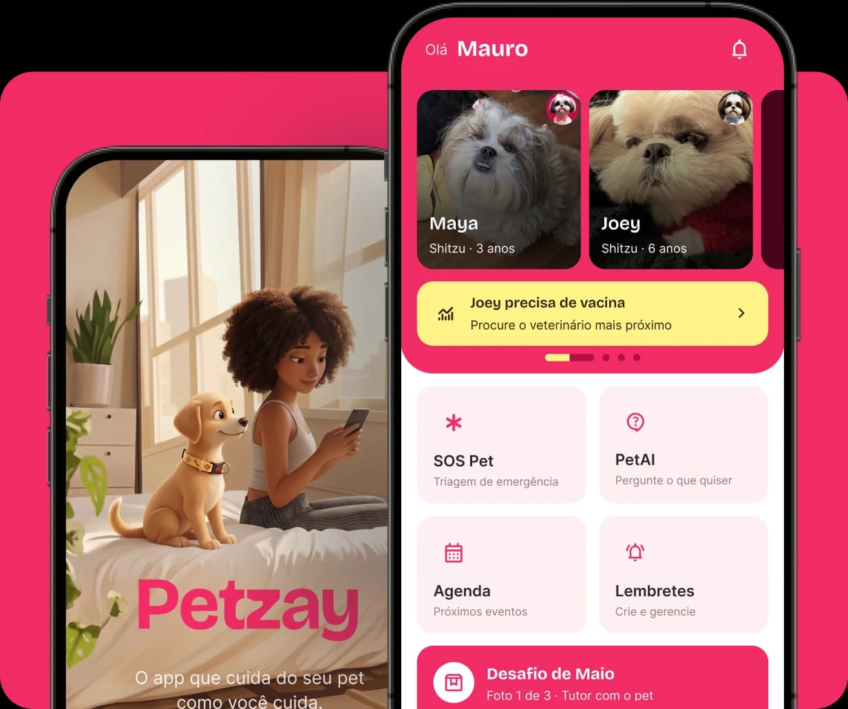 Telas do app Petzay mostrando PetAI e Home