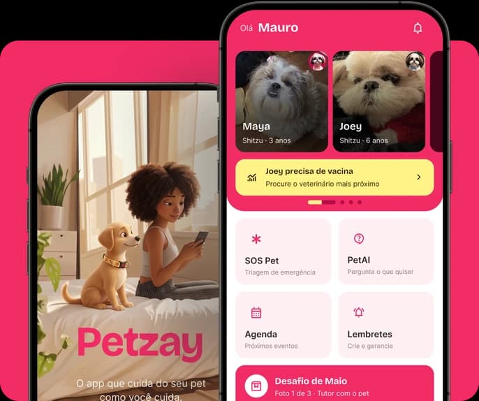 Telas do app Petzay mostrando PetAI e Home